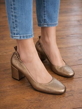 Marta Ray “Ines Laminato Platino” Bronze Metallic Leather Block Heel Pumps